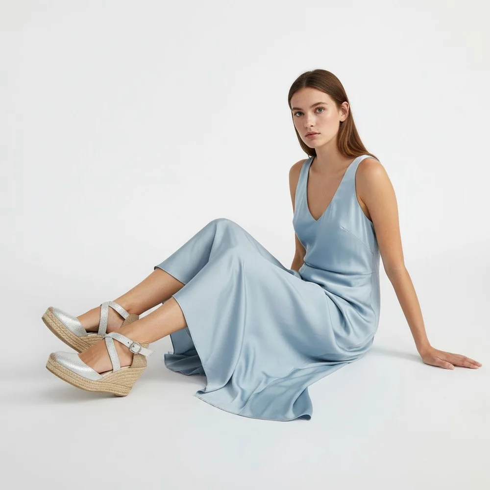 Bettye Muller Silver & Beige Espadrille Wedge Sandals